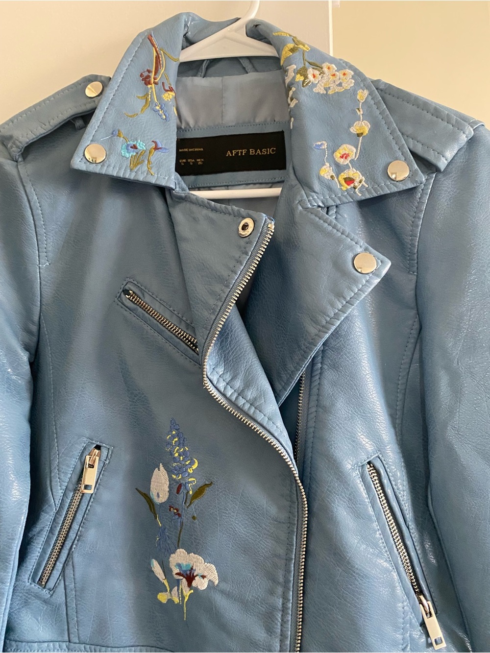 Sky Blue Embroidered Faux Leather Moto Jacket